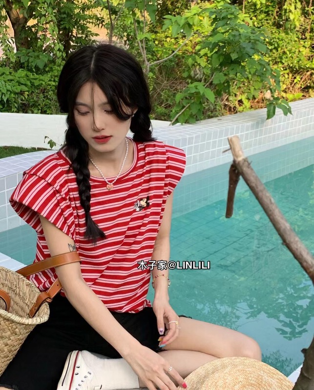 [Muzi family] striped shoulder pad versatile short sleeve T-shirt 66950# XYY