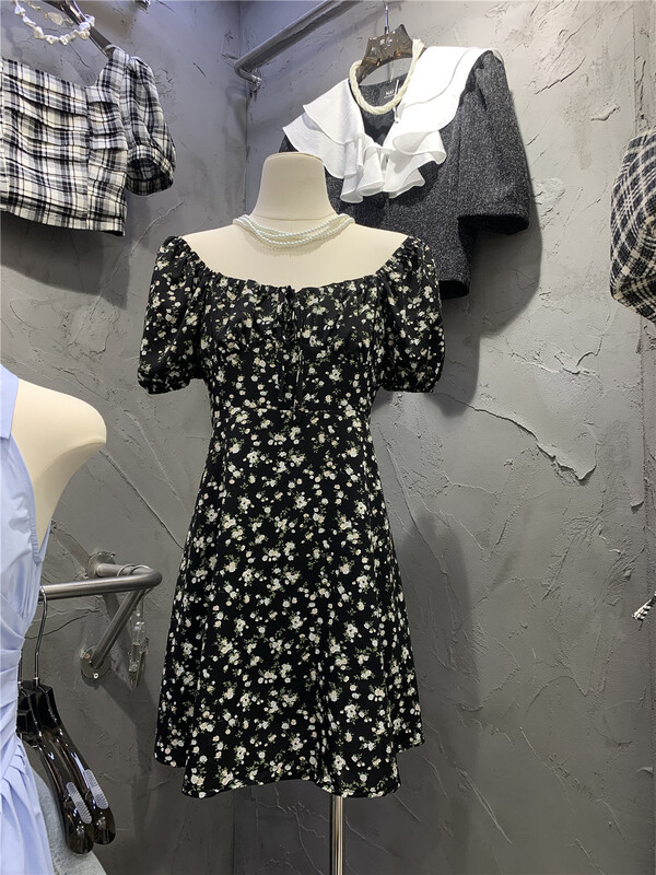 [Nair] French floral waist closing bubble sleeve dress 58029# cqw