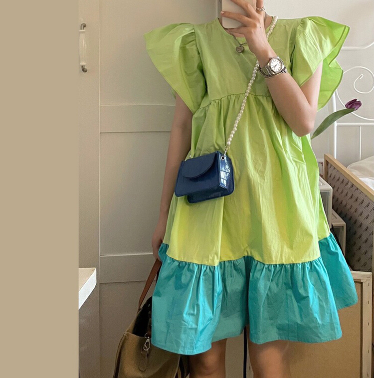 [X.C] Korean aging color matching flying sleeve loose dress 296# WPL