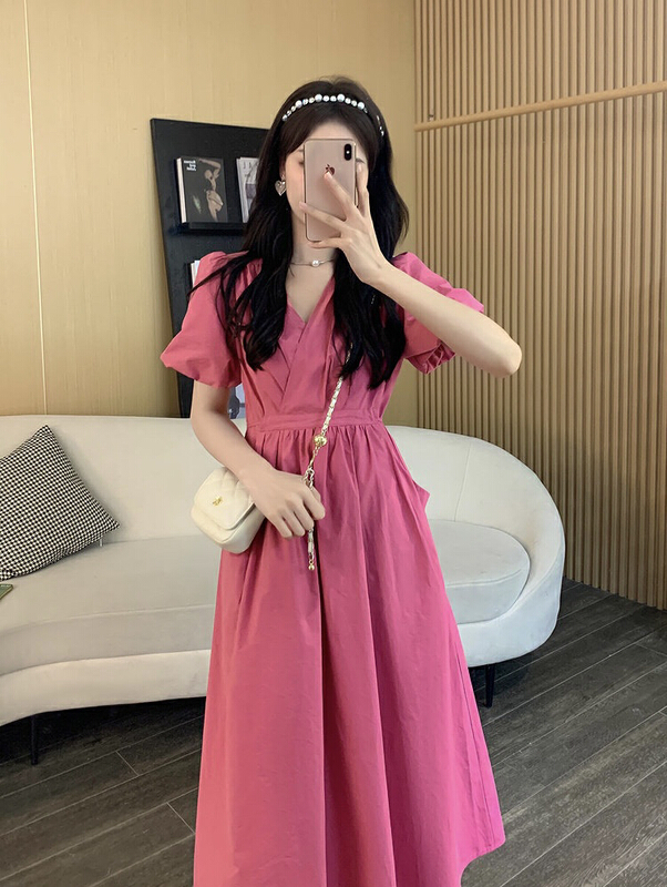 New in early summer! [by] V-neck dress simple temperament dress 7790# Cl