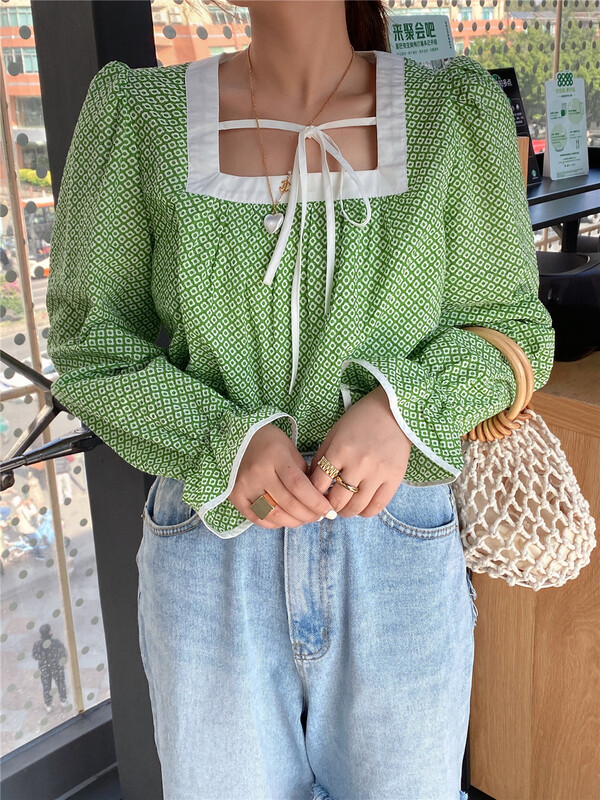 New in early summer! [jyn golden rain lemon] Vintage Plaid Square Neck Shirt 7188# LSL