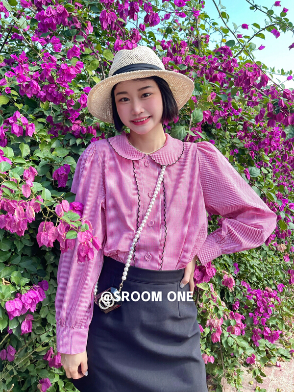 Original price 107.16! New year in early spring! [s.room] baby collar Plaid single breasted shirt sd2327a# LSL