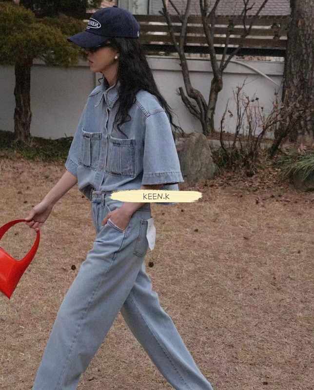 [keen k] Korean simple short sleeved shirt + high waist versatile straight jeans set n53# WTT