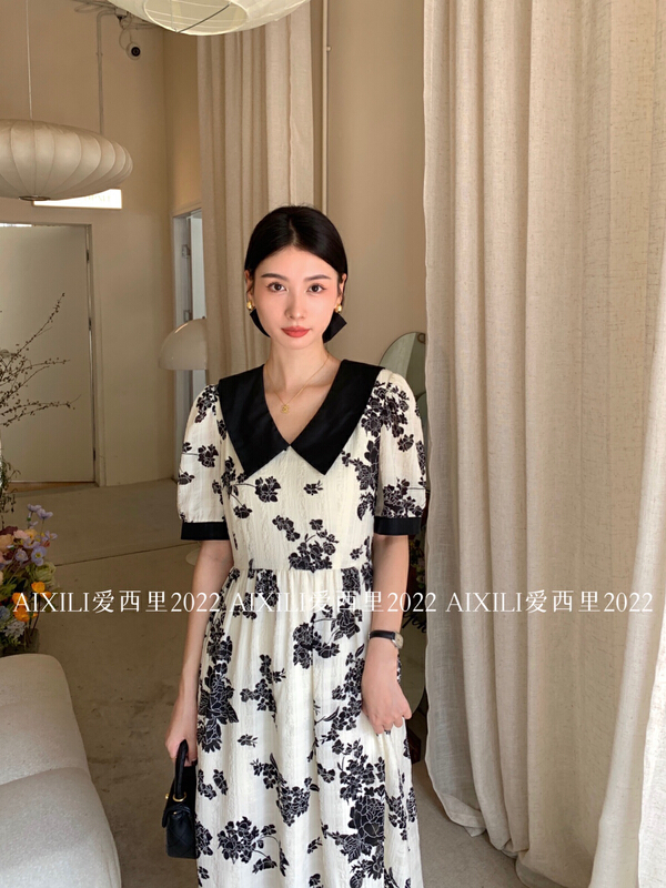 [aixili aisili] V-neck printed waistband dress 6568# WPL