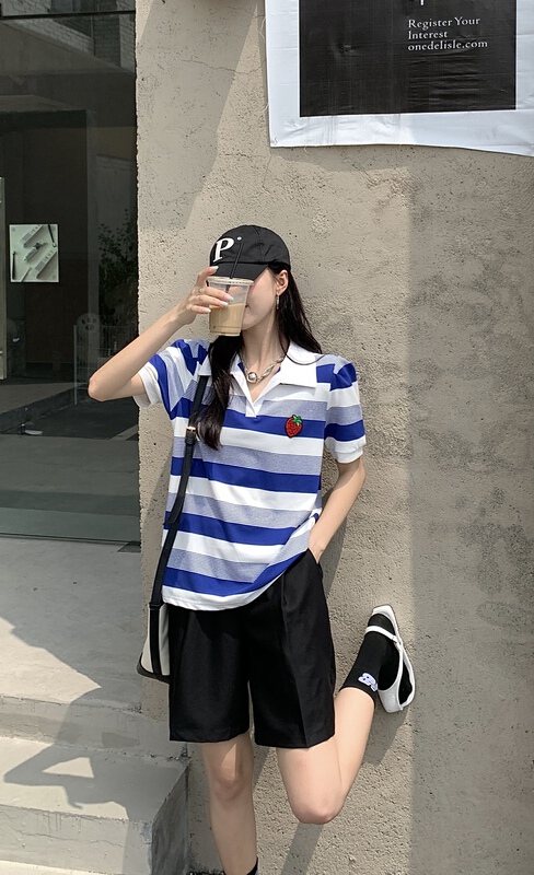 [our] fashion stripe polo collar strawberry embroidery short sleeve T-shirt 9999# LSW