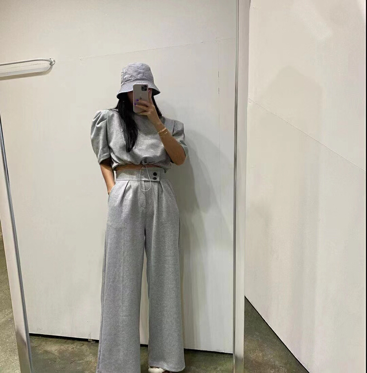 New in early summer! [I do do] letter embroidered blouse + high waist loose casual pants set 8065# cqw