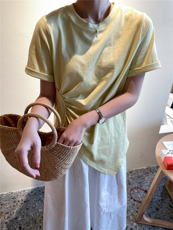 New in early summer! [Liuren Zu] solid color basic versatile irregular short sleeve T-shirt 6792# CSX