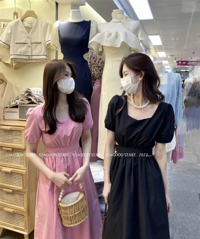 [GS. Good star] Korean small women's square neck high waist dress 22250# hjy