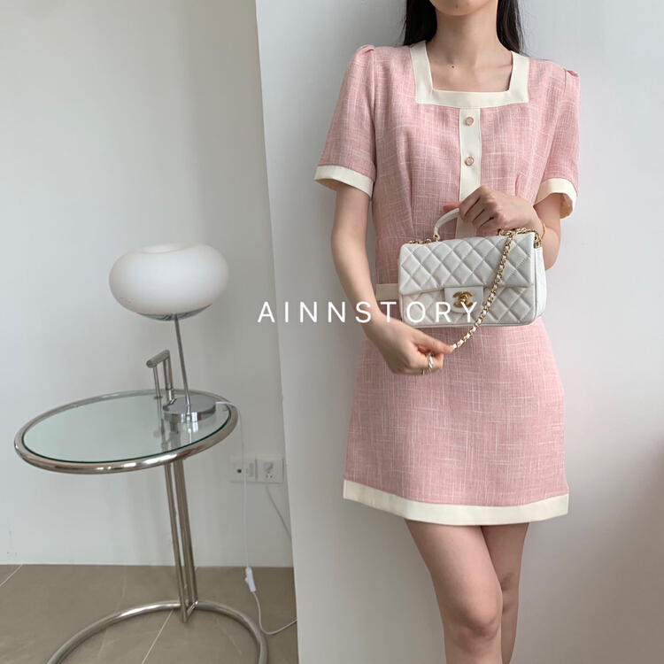 初夏上新!【AINNSTORY】氣質方領撞色小香風連衣裙  A733#  HBX