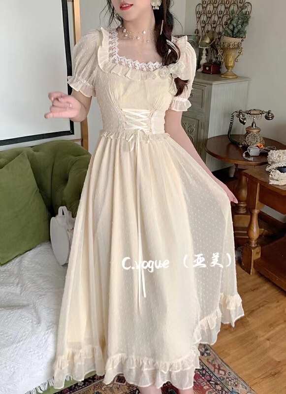 [c.vogue] French soft lace splicing waist closing dress 88720# PCZ