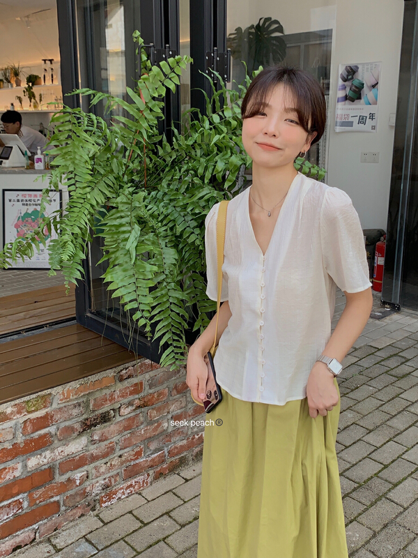 [seek peach] V-neck single breasted comfortable Korean shirt 5255# ll