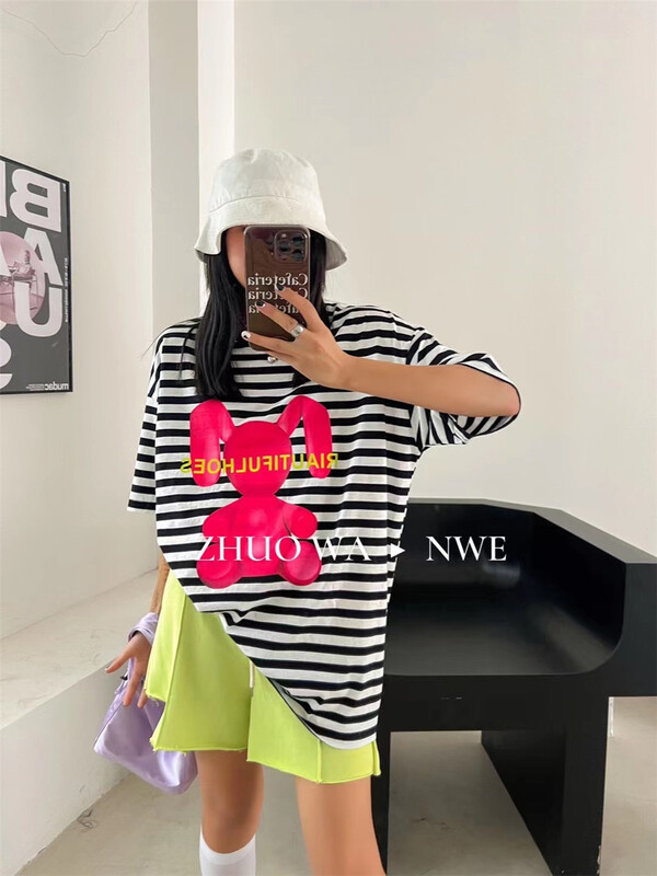 [buyer Yan Xuan zhuowa] Korean round neck bear stripe short sleeve T-shirt 6085# Cl