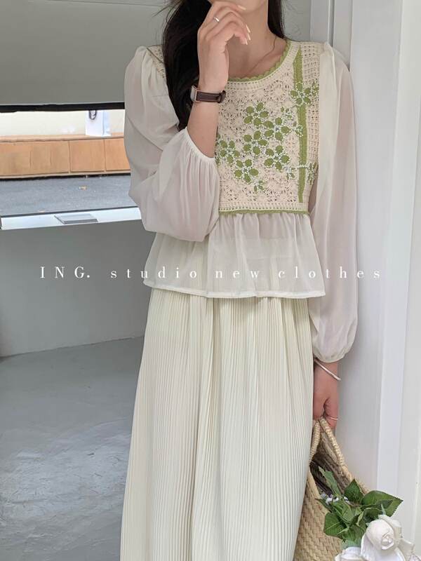 New in early summer! [ing] exotic aging Embroidered Beaded Chiffon stitched temperament blouse (only selling blouses) 7291# ZSY