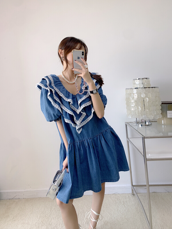 [Vanessa] heavy industry Ruffle collar denim dress 6181# ozq