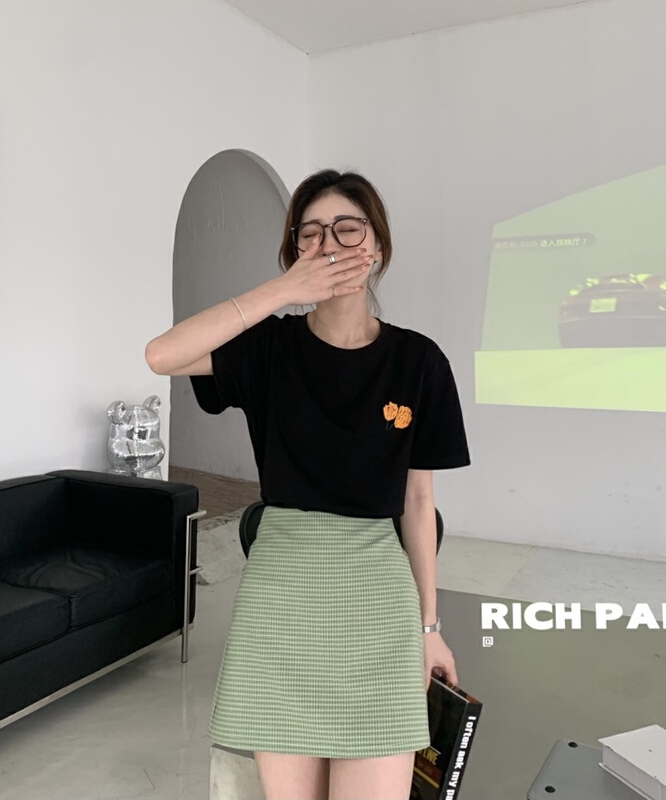 [rich Papa] A-line skirt q069# zxx with high waist and thin plaid pattern
