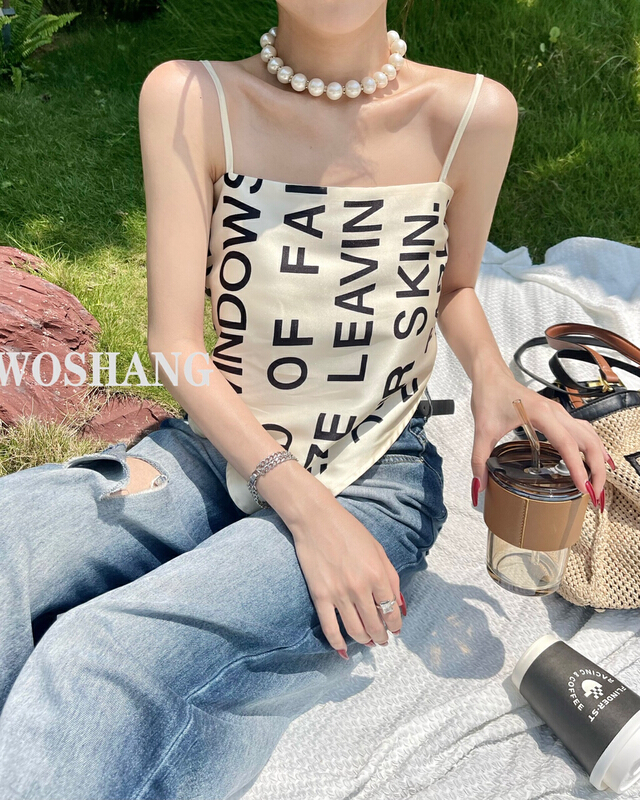 New in early summer! [woshang woshang] pure sweet and spicy letter lace up vest / sling 1253# XYJ