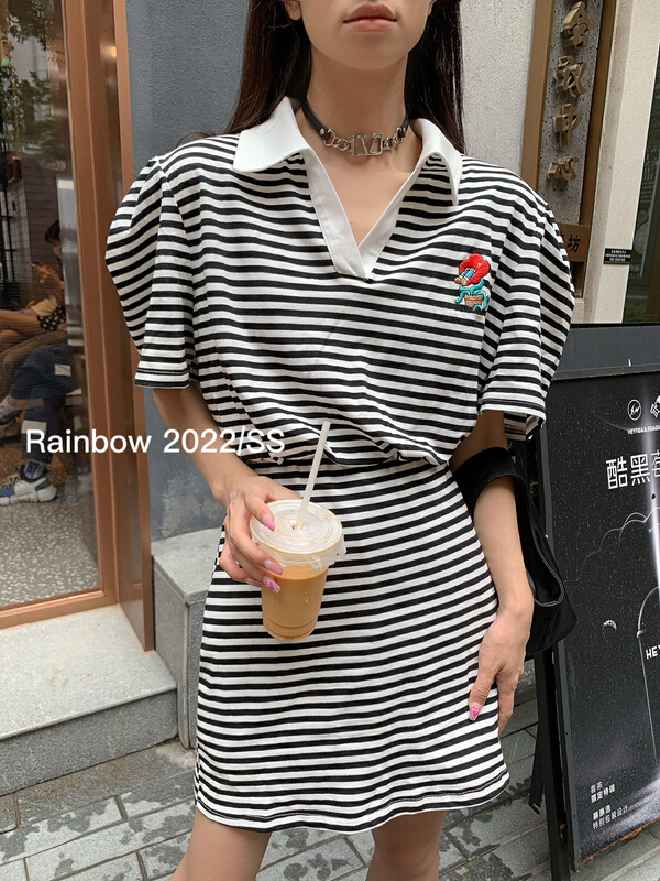 [rainbow] Korean embroidered stripe backless bubble sleeve polo collar dress 08128# WTT