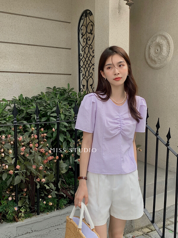 [miss miss miss home] Korean small shirt with pleated plaid pattern y8835# zjy