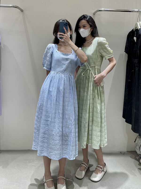 New in early summer! 【5】 Korean style square neck short sleeve high waist dress 6620-1# L