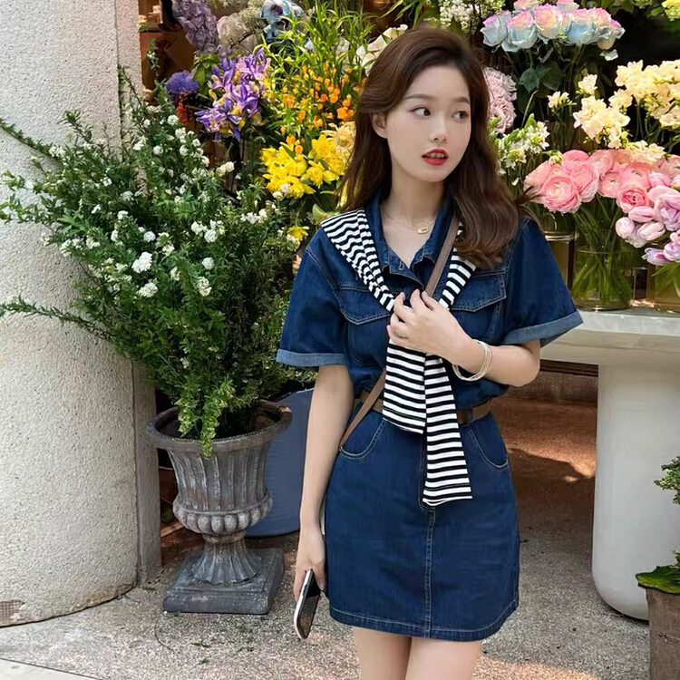 [L.L studio] Korean French denim short sleeved dress (with belt and detachable shawl) 7553# PCZ