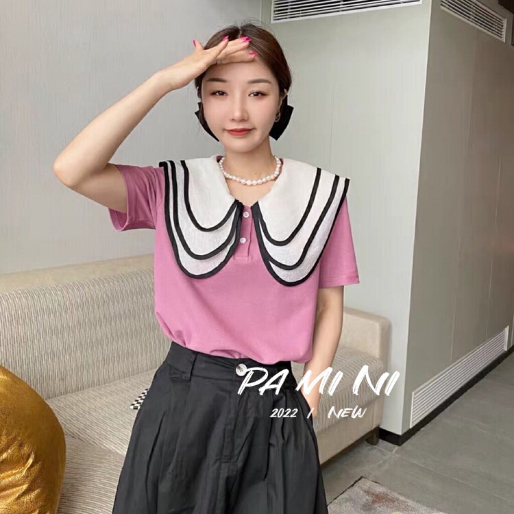 [pamini] fashion doll neck color blocked knitted cardigan 22153# Cl