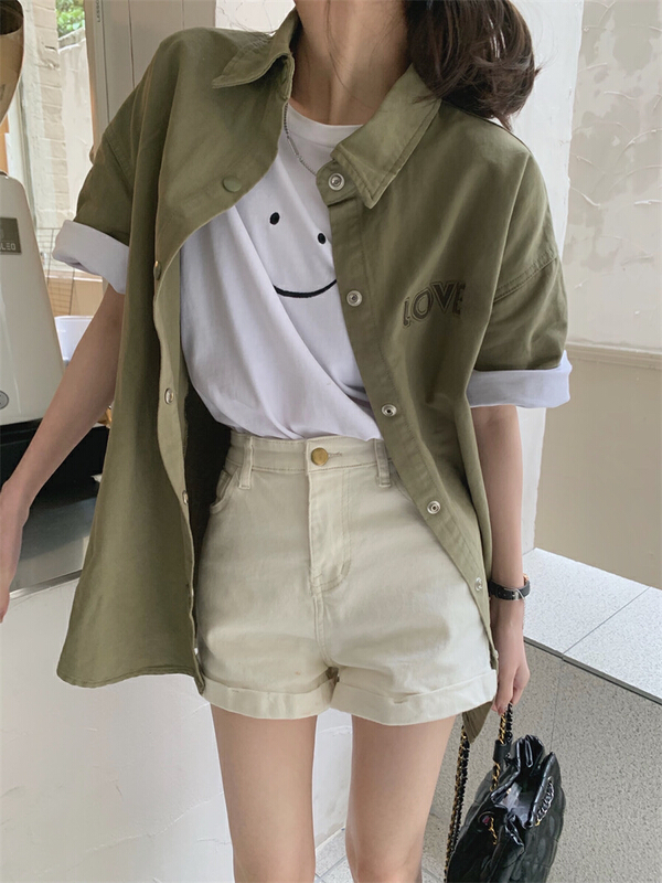 [timely rain] Han Feng ins retro casual work clothes Lapel short sleeve embroidered shirt 55520# WPL