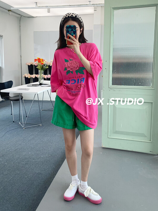 New in early summer! [JX] Korean simple color contrast flower short sleeve T-shirt t1051# WTT
