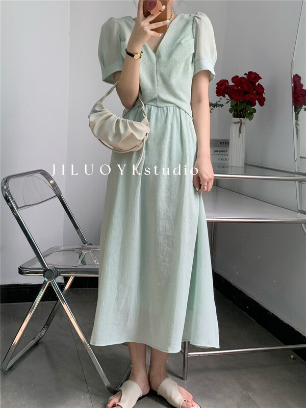 [Luoyi] pleated lady V-neck dress 9788# L