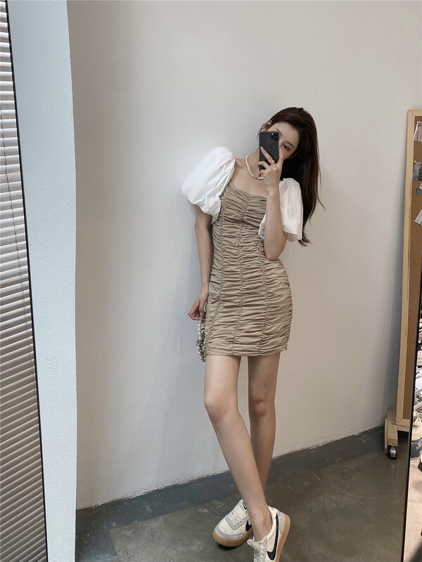 [modern 197] color blocking pleated thin dress 61013# hyy