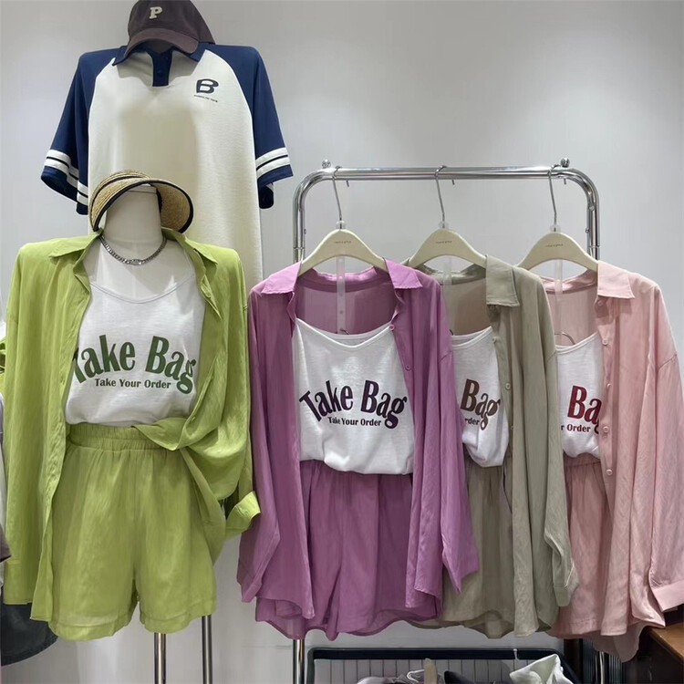 [yoyo's] versatile basic letter Vest + simple and comfortable solid color casual shorts + Korean loose solid color single breasted shirt set 8550# XYY