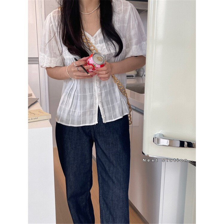 [next station] Korean solid color V-neck shirt with button 22159# ZSY