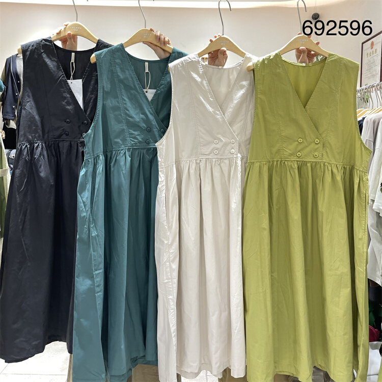 [twenty printed wood] V-neck sleeveless Pleated Dress 692596# L
