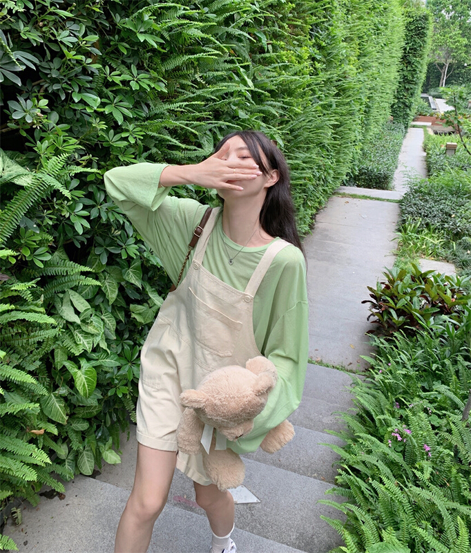 [Dai Dai] Korean version loose hanging feeling wide leg strap pants + Japanese round neck solid color sunscreen suit 4681# HBx