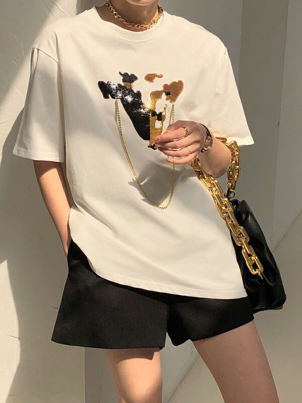 goods in stock! New year in early spring! [Dajia] Abstract Sequin splicing chain short sleeve T-shirt 22093# CLS