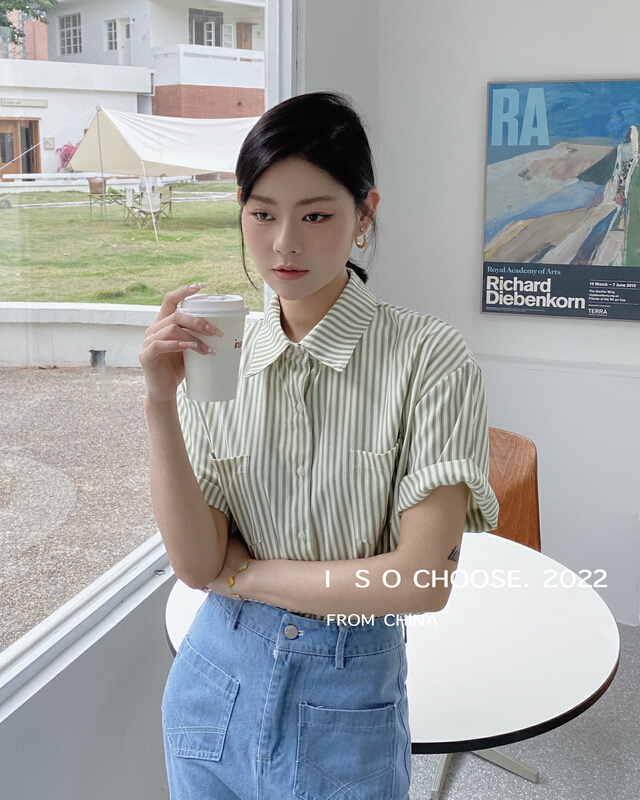 New in early summer! [ISO Korean] lazy wind stripe single breasted shirt 2968# hjy