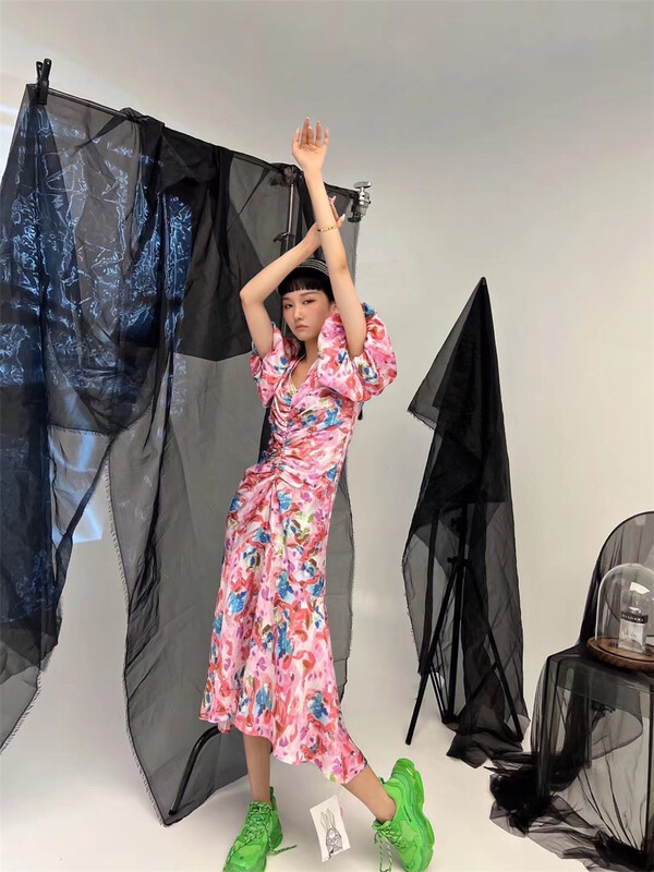 goods in stock! New in early summer! [D22] Vintage printed drawstring Pleated Dress 2203032# zxx