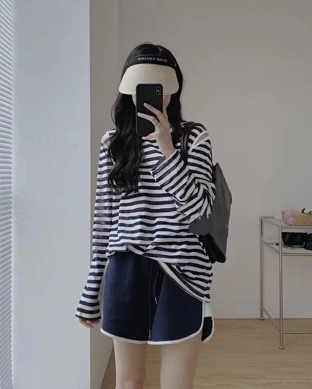 [JH] striped sunscreen top ➕ Casual Shorts Set (without hat) 41658# PCZ