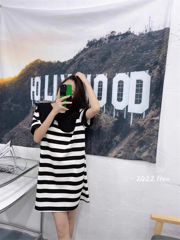 New in early summer! [Lina] doll neck stripe Casual Short Sleeve Dress 8783# zxx