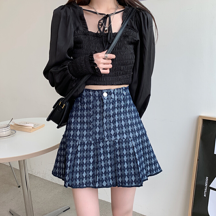 [vitality YDY] Lingge high waist denim slim A-shaped denim skirt 4147# LSW