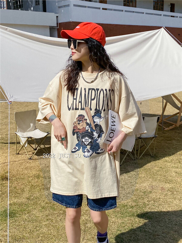 New year in early spring! [just soso] Korean loose thin medium long cartoon short sleeve T-shirt 6878# CLS