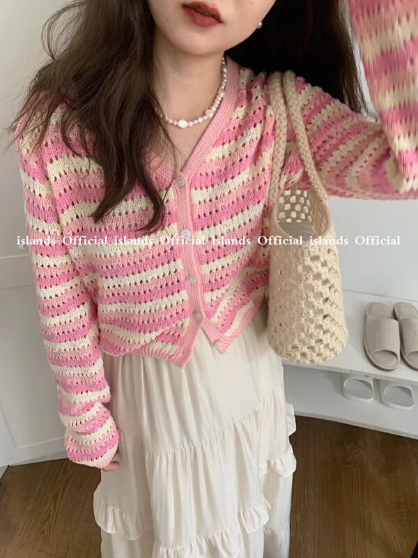 [islands. Island] colorful stripe V-neck short knit cardigan 8010# L