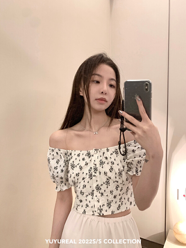 [RM. HH] niche bubble sleeve straight neck off shoulder floral blouse ys1-375# ozq