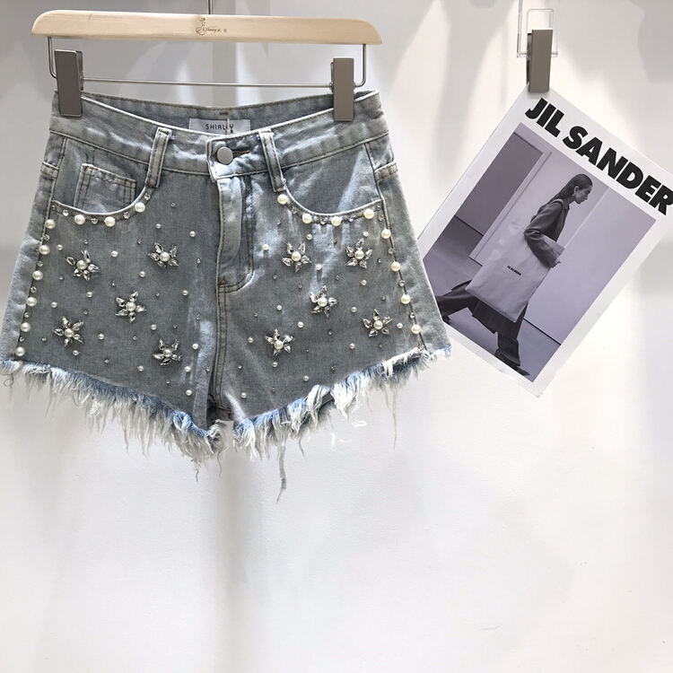 [Danling] Beaded fashion denim shorts 1095# PCZ