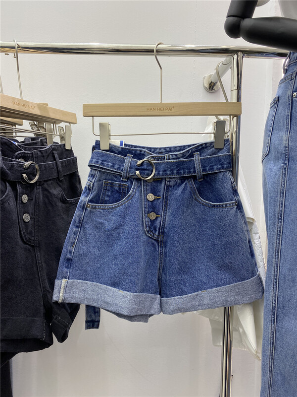 [Korean black brand] high waist thin Wide Leg Denim Shorts (with belt) y1058# zxx