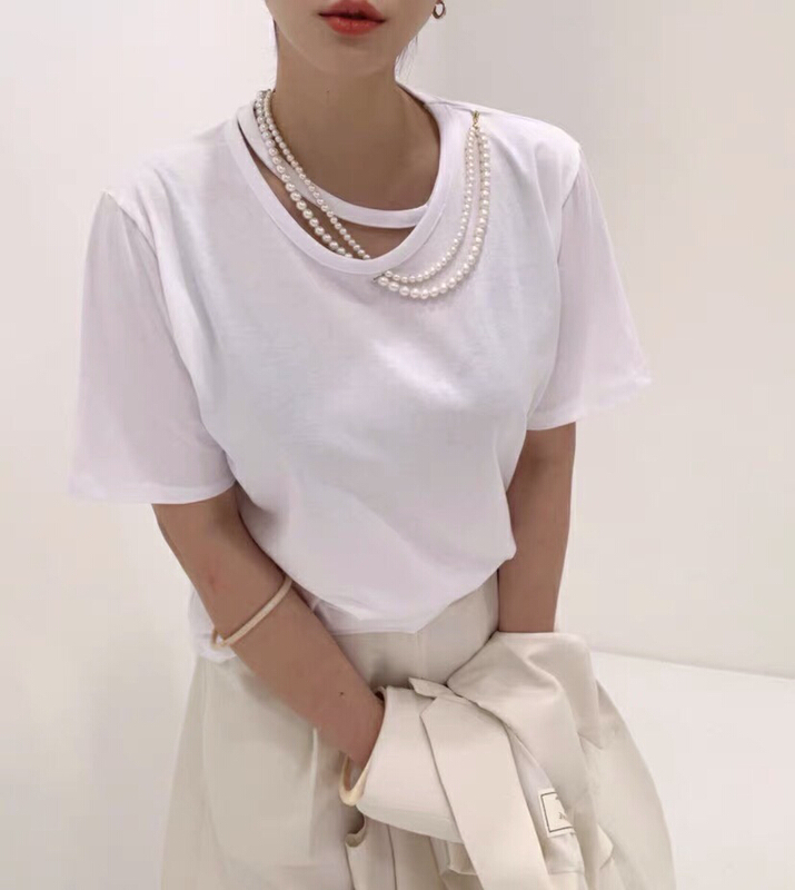 New in early summer! [Kiki] Korean basic versatile clean short sleeved T-shirt (with necklace) 1258# ozq