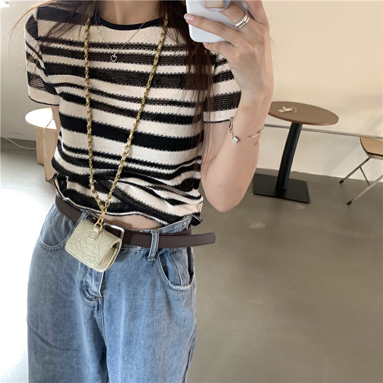 goods in stock! New in early summer! [timely rain] Han Feng ins retro contrast stripe thin sweater 66316# WPL