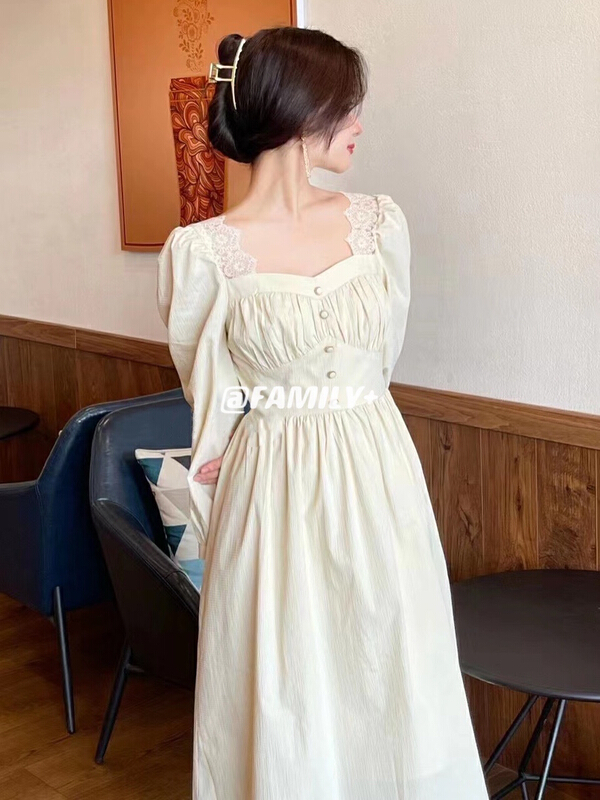 Original price 123.95! [family +] temperament Square Neck Lace stitched dress 22317# ozq