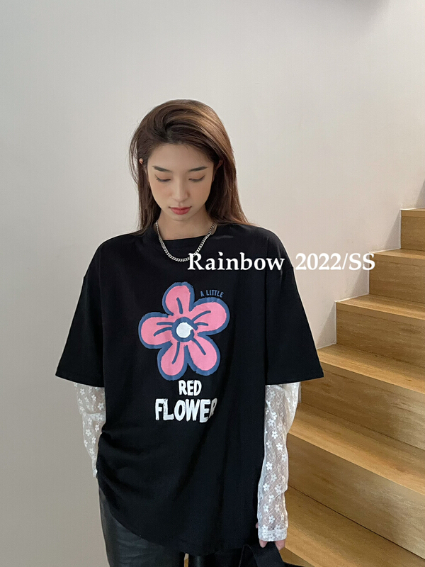 初夏上新!【MEET RAINBOW】花朵假倆件蕾絲拼接袖百搭短袖T恤  11818#  LSL