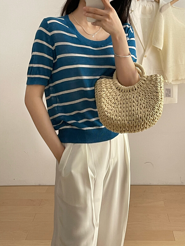 【BLOOM PLACE】韓系U領百搭條紋小衫  M626269#  CLS
