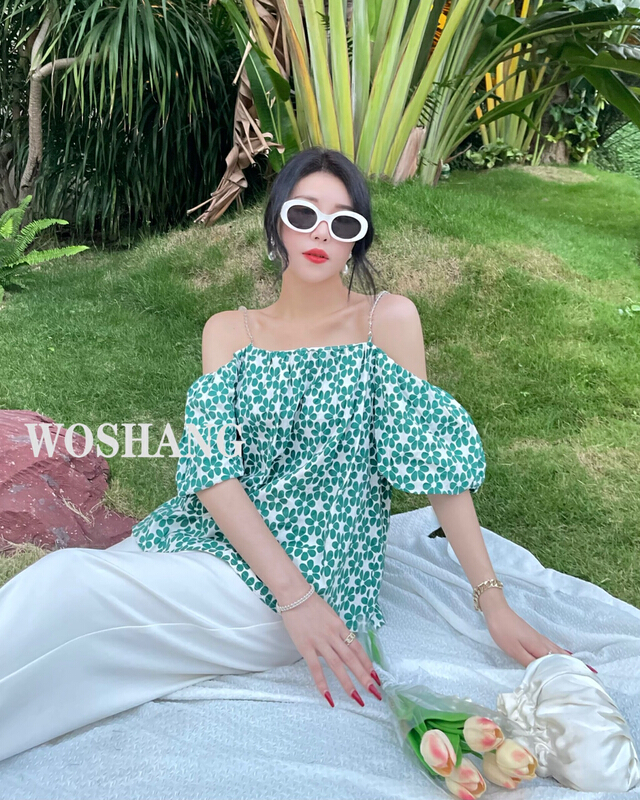 [woshang woshang] broken flower french fresh one shoulder shirt 310-1# XYJ
